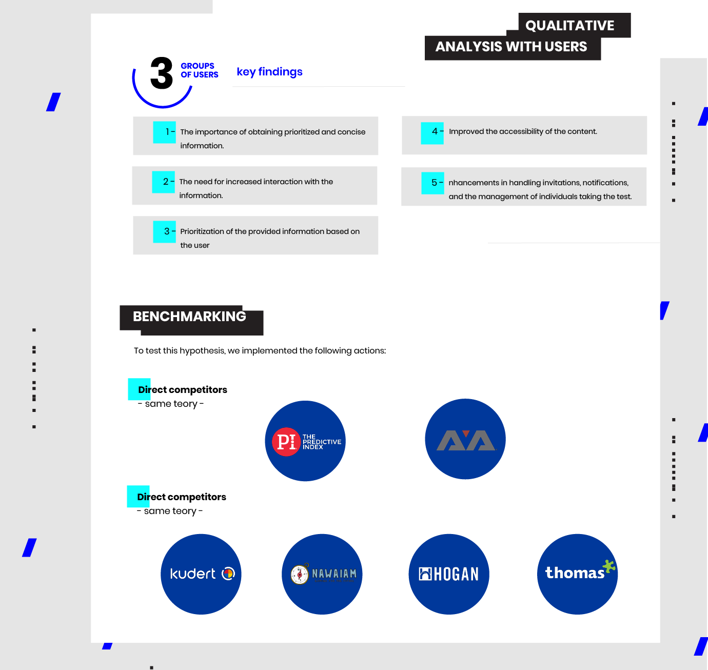 Análisis cualitativo con tres grupos de usuarios, hallazgos clave y benchmarking de competidores directos