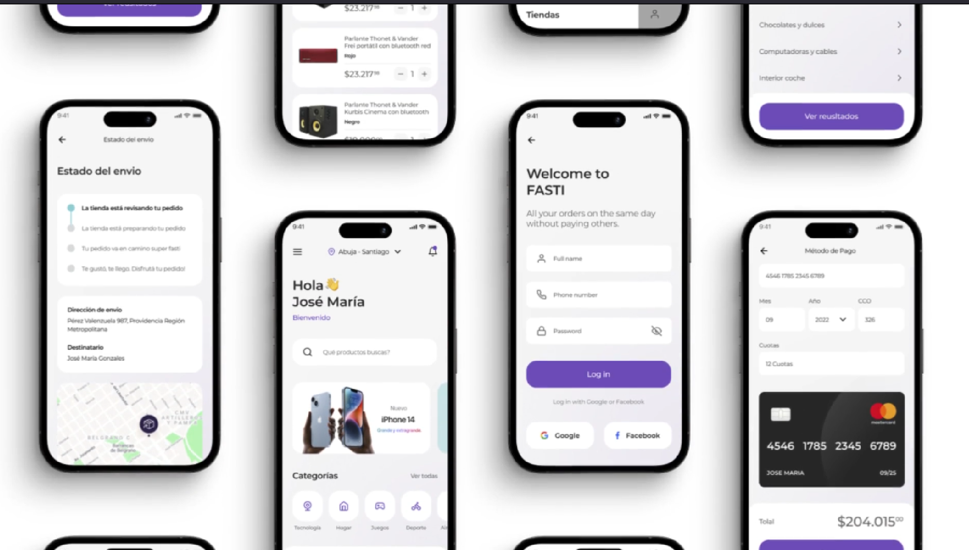 Grilla de pantallas de la app de Fasti: seguimiento del pedido, bienvenida, inicio, login, tiendas y checkout