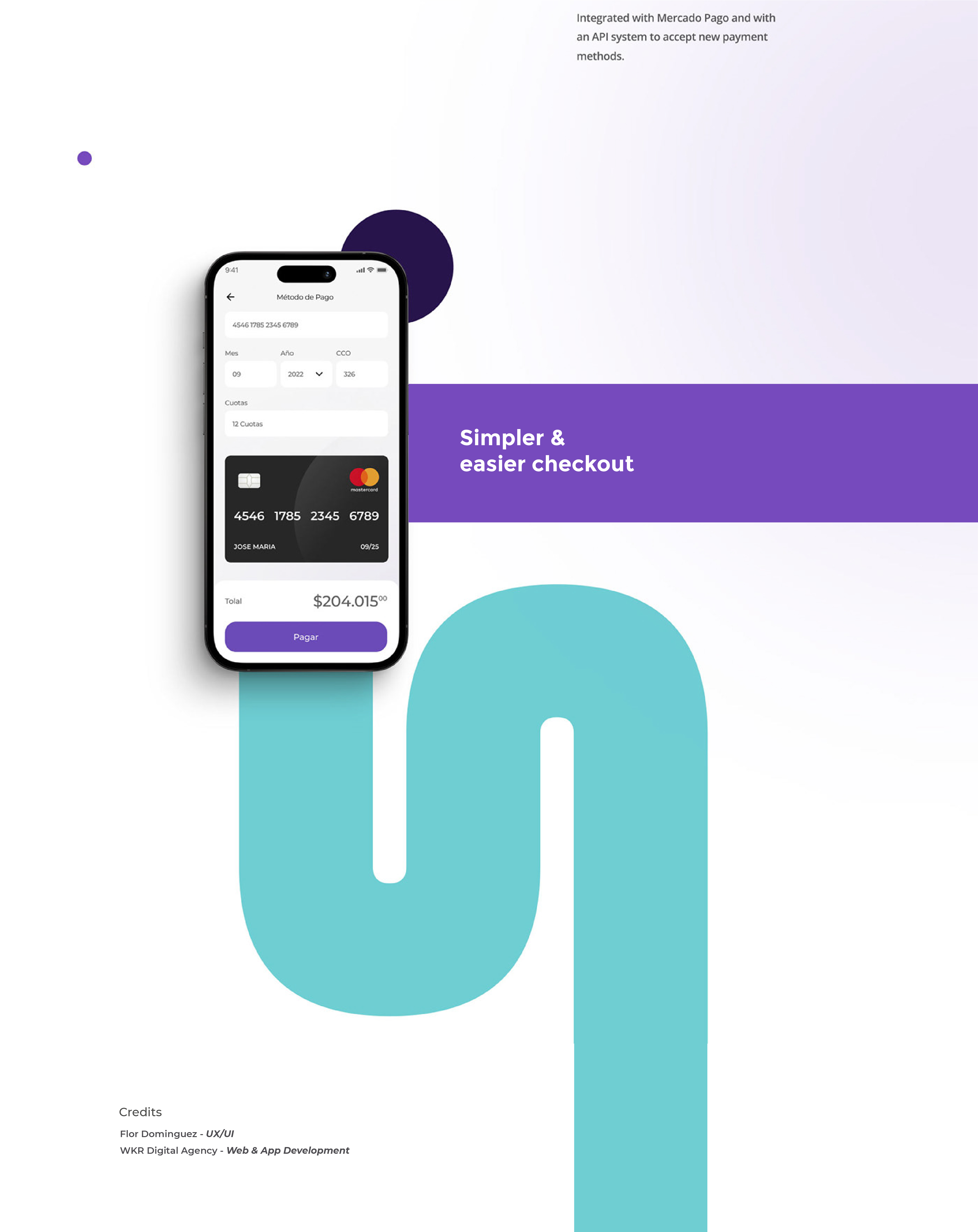 Pantalla de checkout más simple con tarjeta guardada, y créditos del proyecto