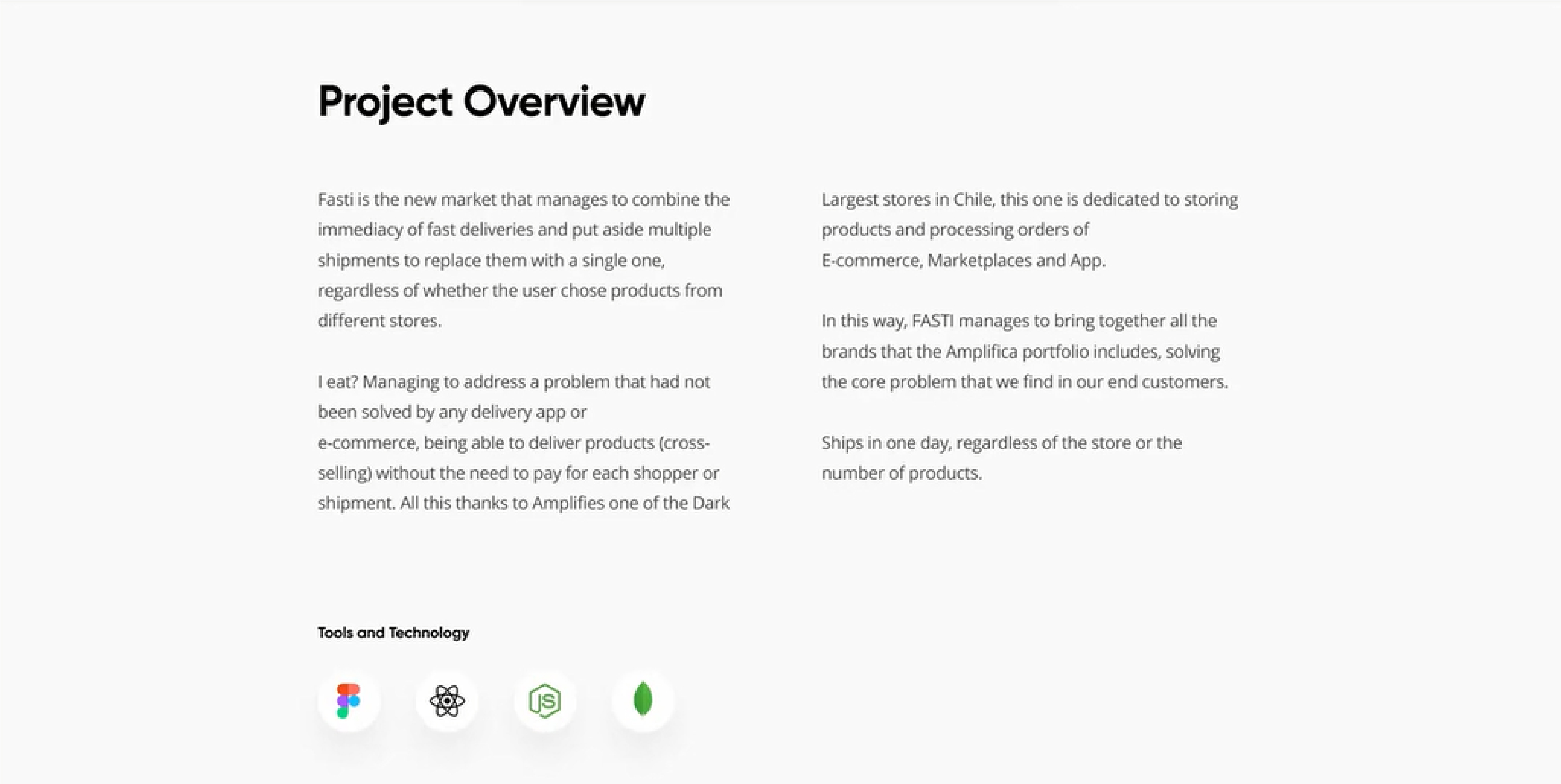 Resumen del proyecto: Fasti unifica entregas rápidas en un solo envío; herramientas Figma, React, Node.js y MongoDB