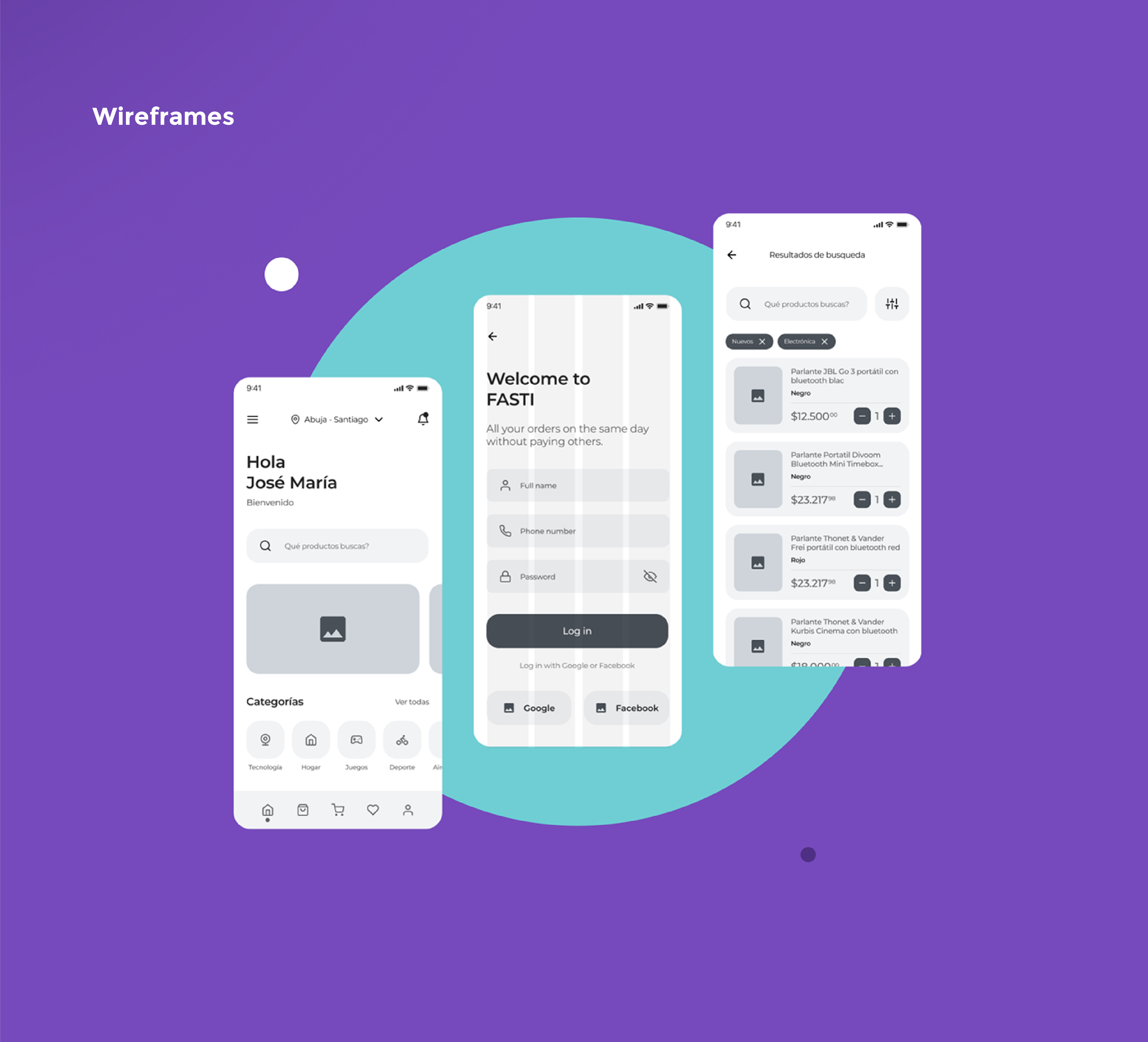 Wireframes de baja fidelidad de la app de Fasti: bienvenida, login e inicio
