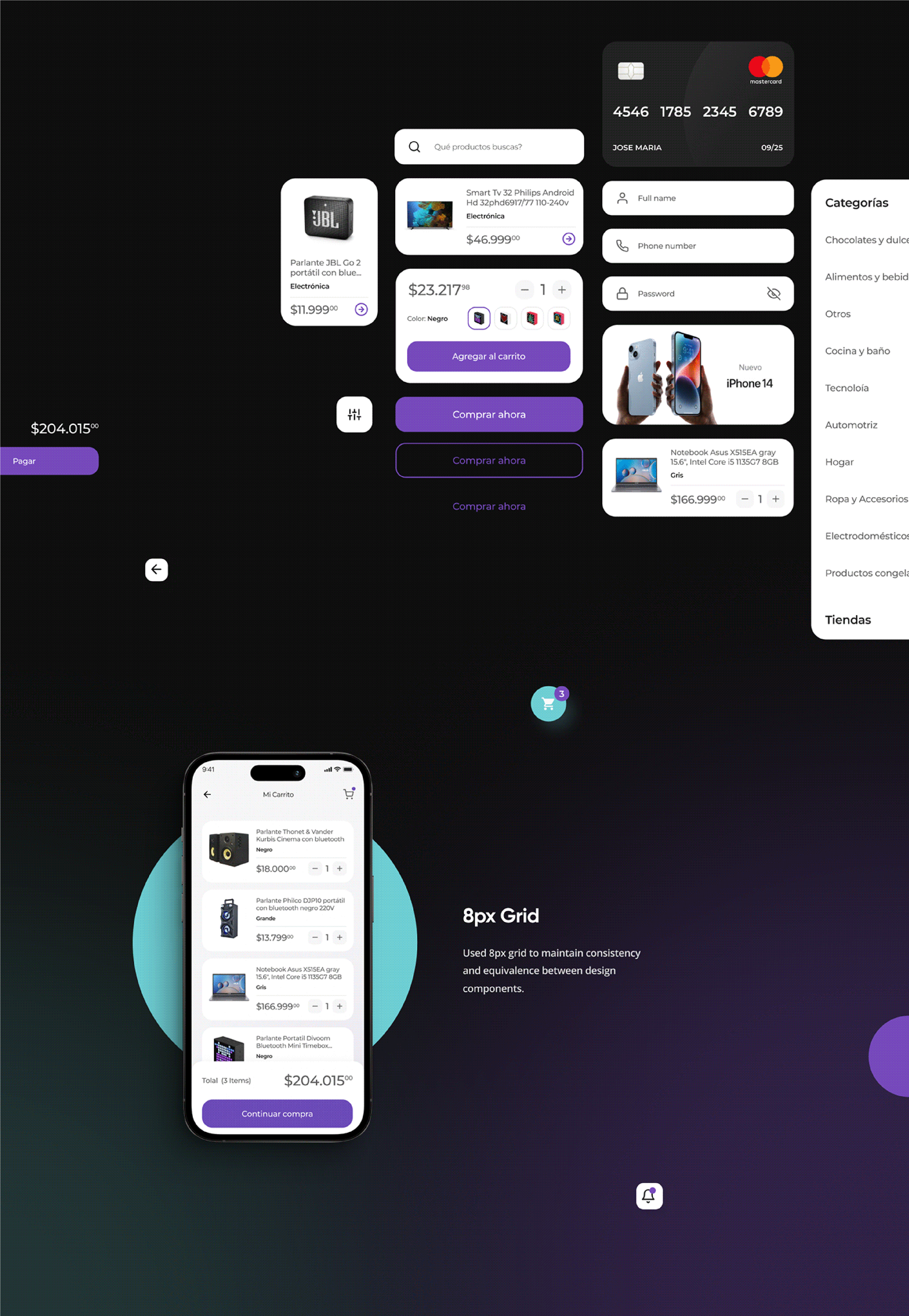 Componentes de UI sobre grilla de 8px: tarjetas, botones, inputs y fichas de producto