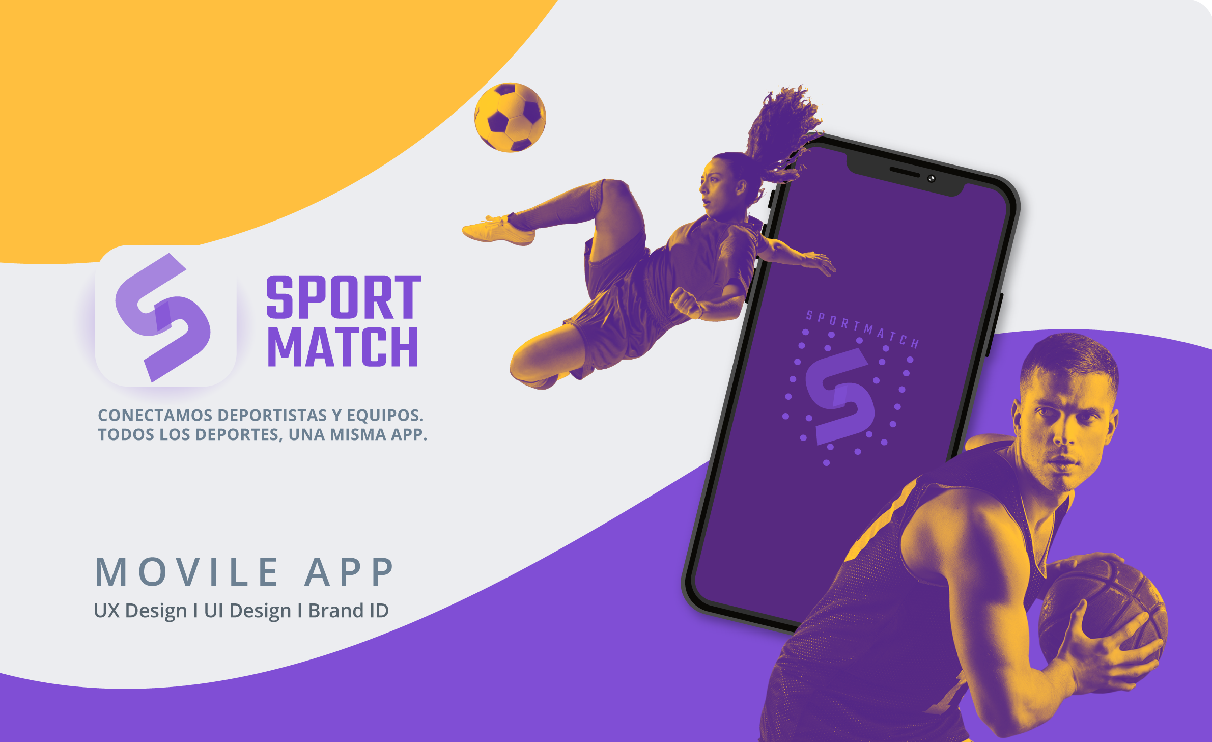 Sport Match cover: connecting athletes and teams, all sports in one app. Mobile app, UX design, UI design, brand identity