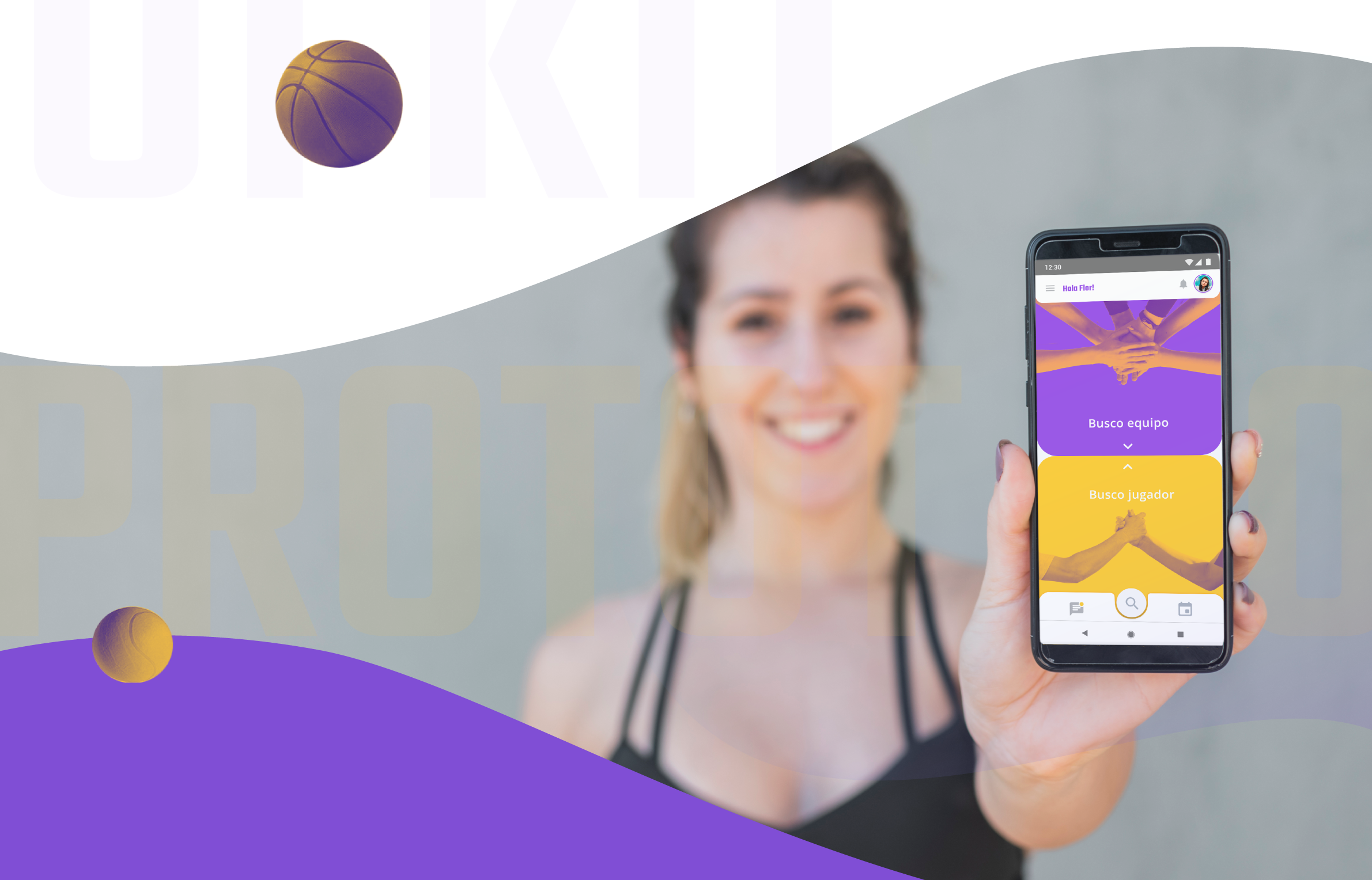 Woman holding a phone with the Sport Match team search screen