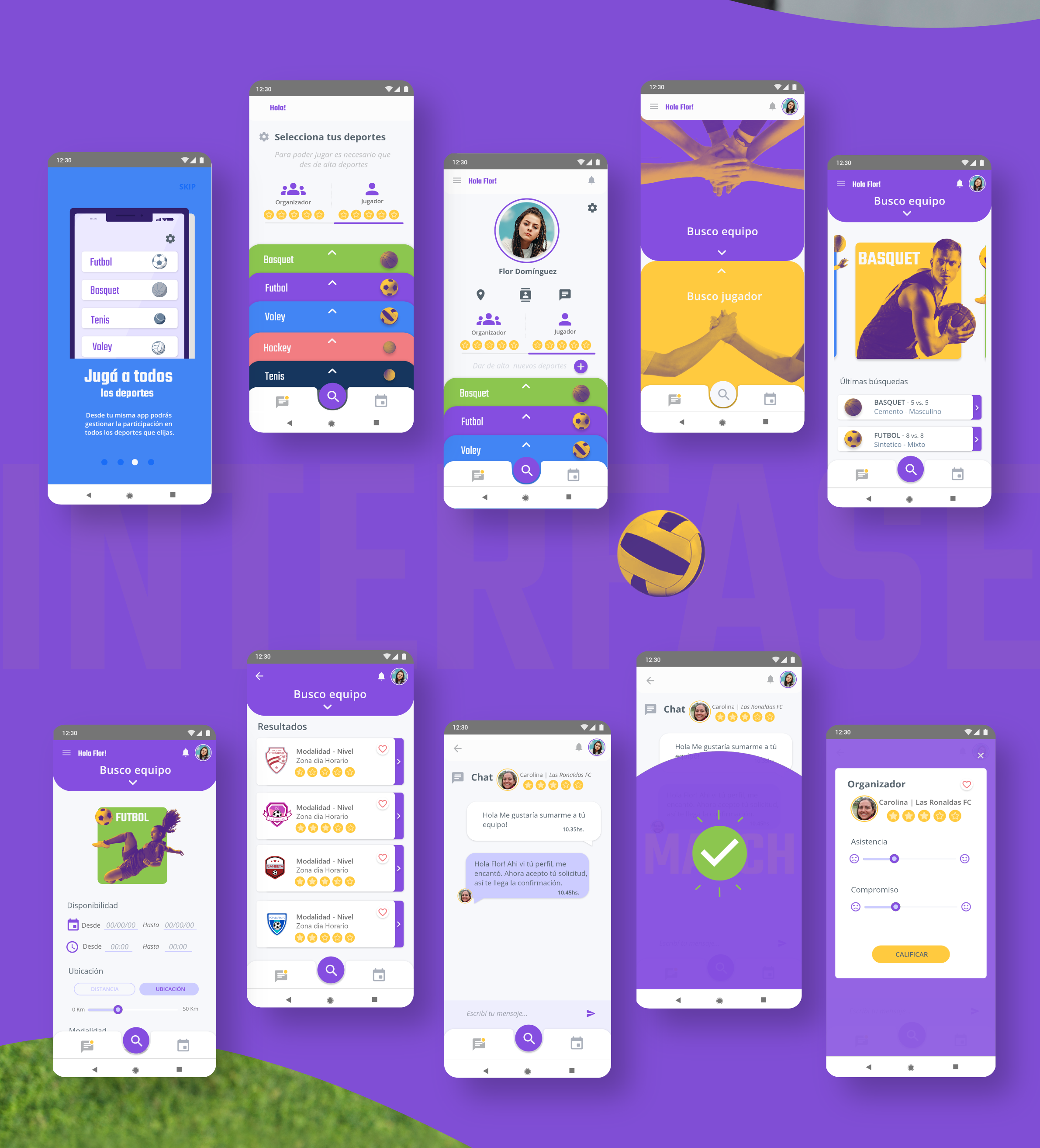 High fidelity screens: sports selection, player profiles, ratings and chat