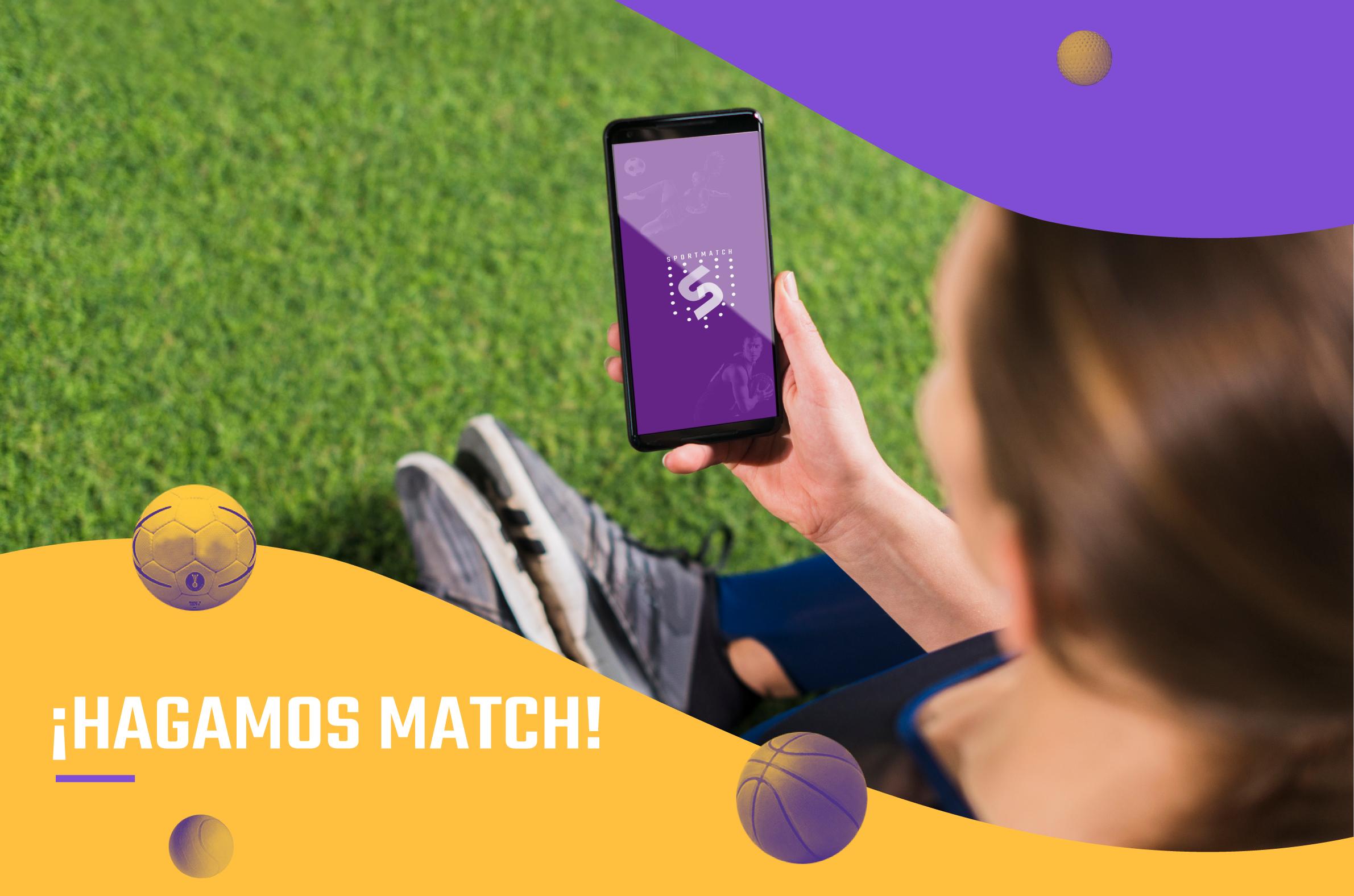 Closing: let's match! Phone with the Sport Match splash screen on a football pitch