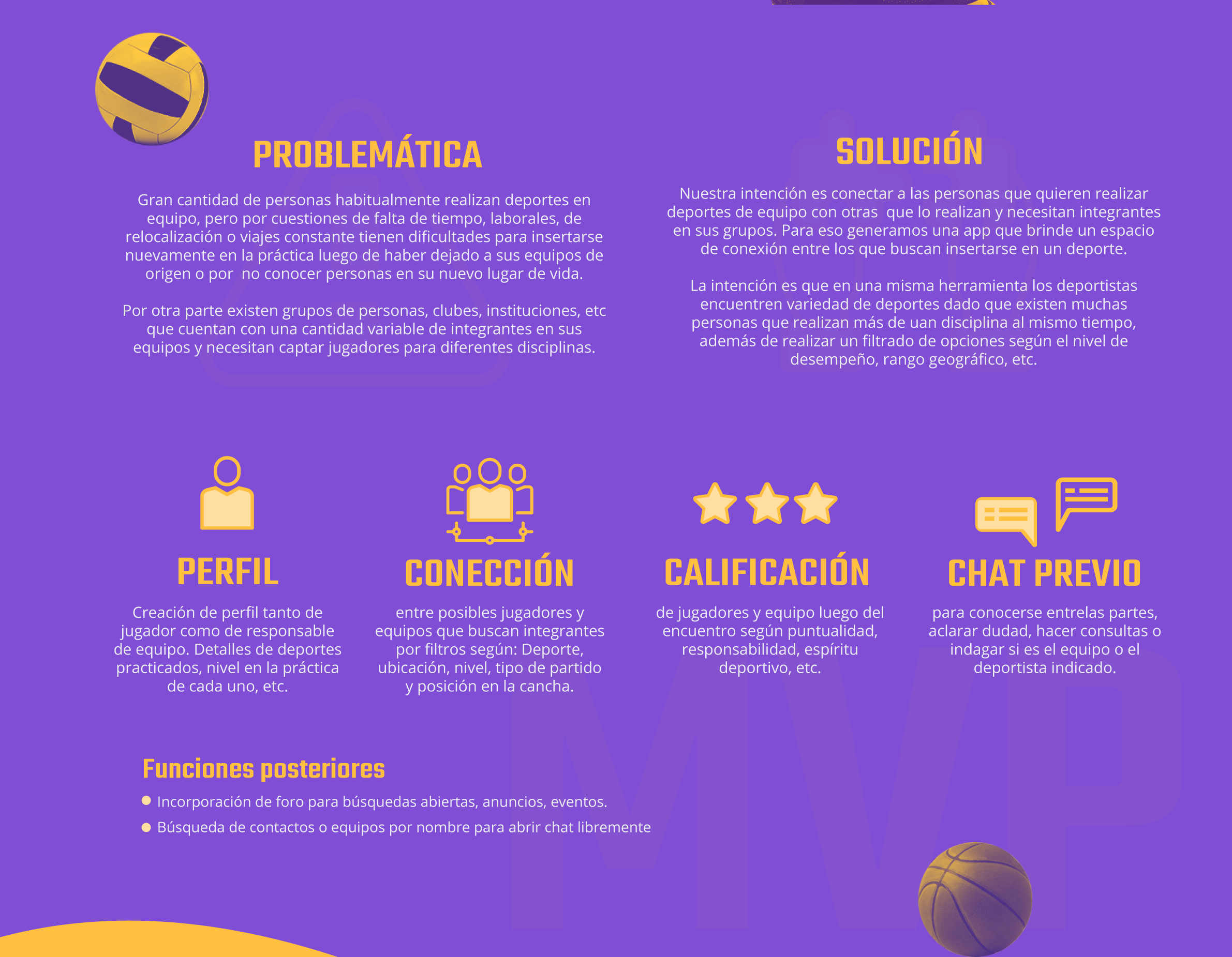 Problem and solution, plus the MVP features: profile, connection, rating and pre-match chat