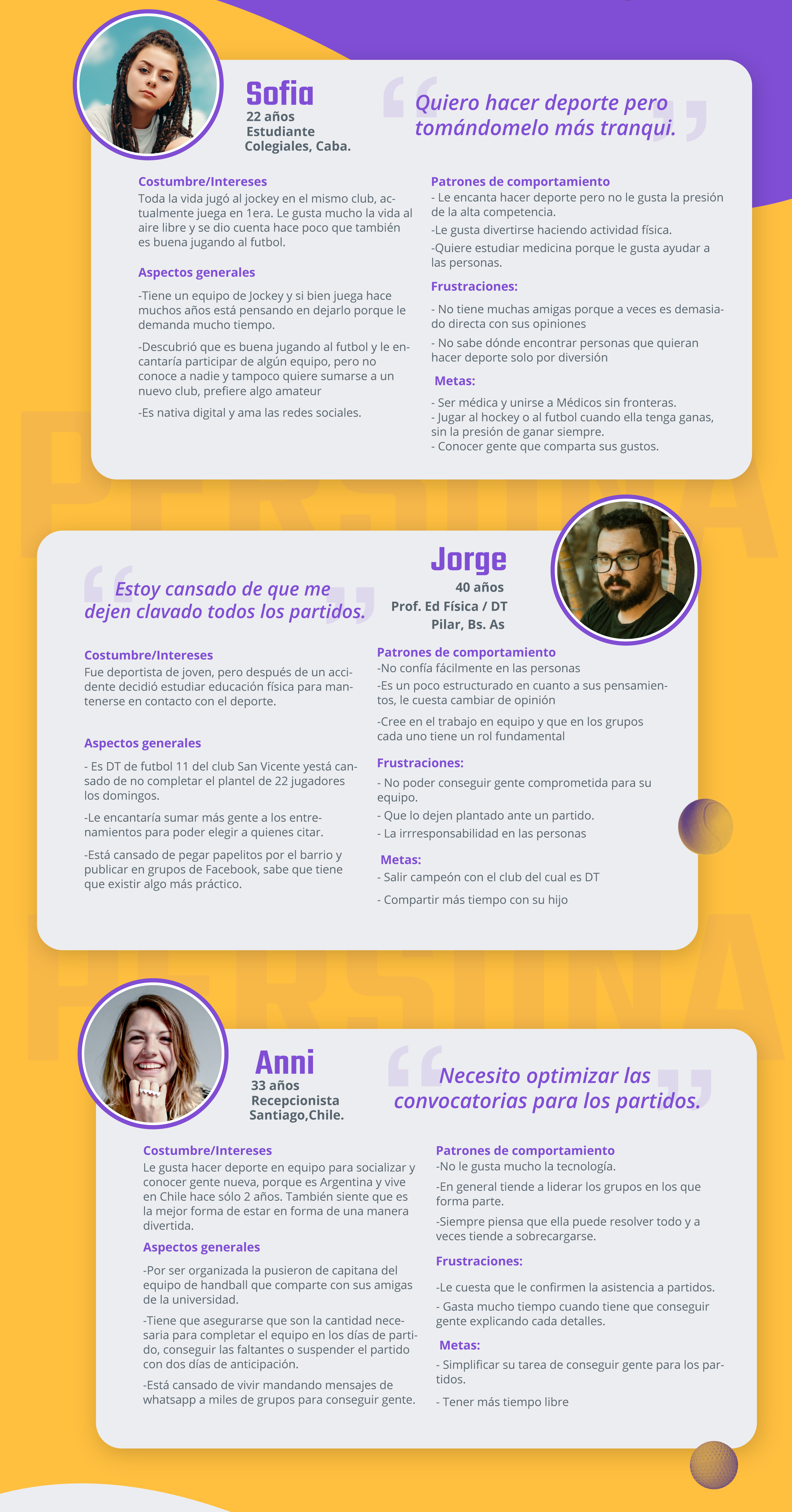 User personas: Sofía, Jorge and Anni, with their habits, behavior patterns and needs