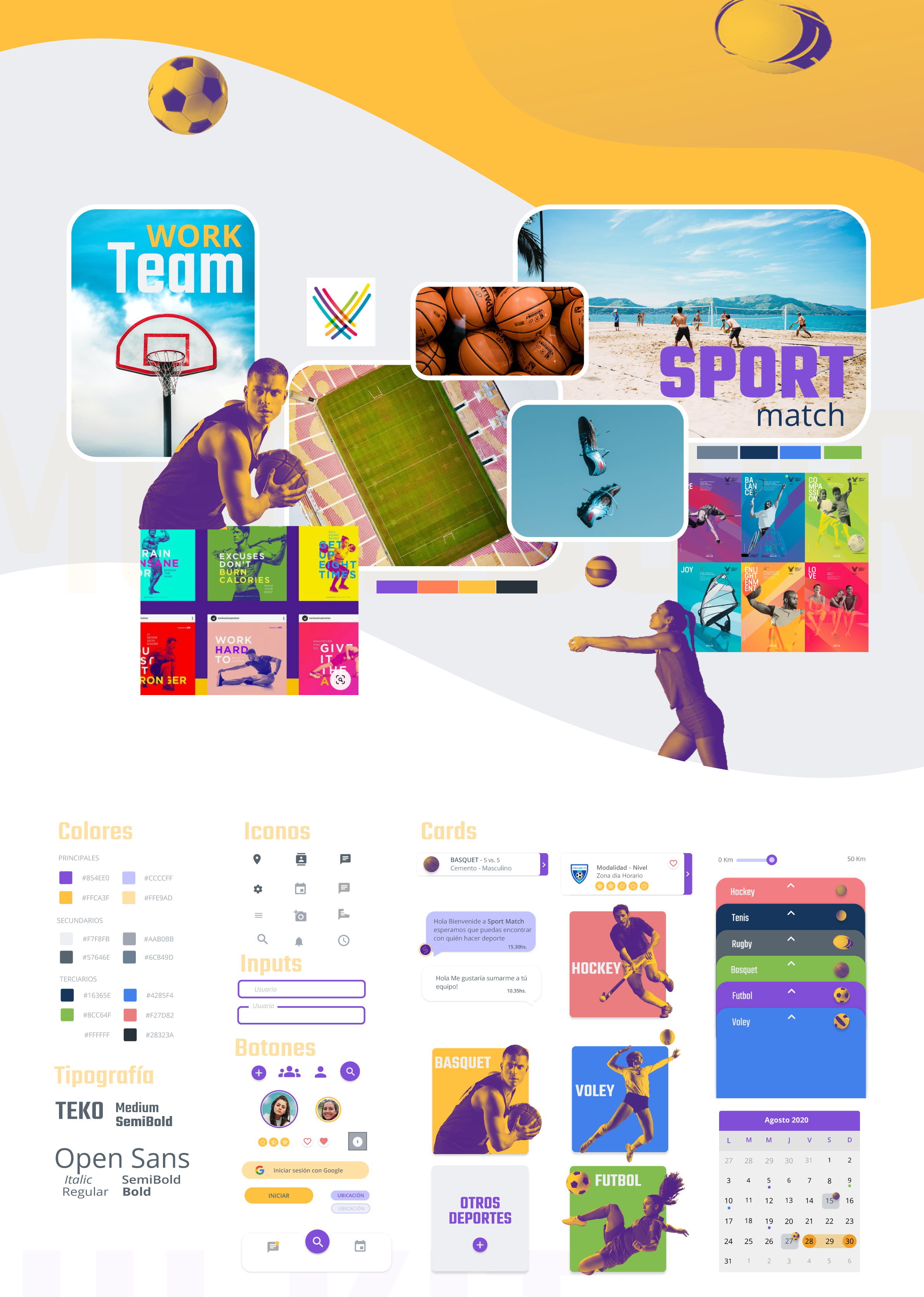 Moodboard, color palette, typography and UI kit of Sport Match